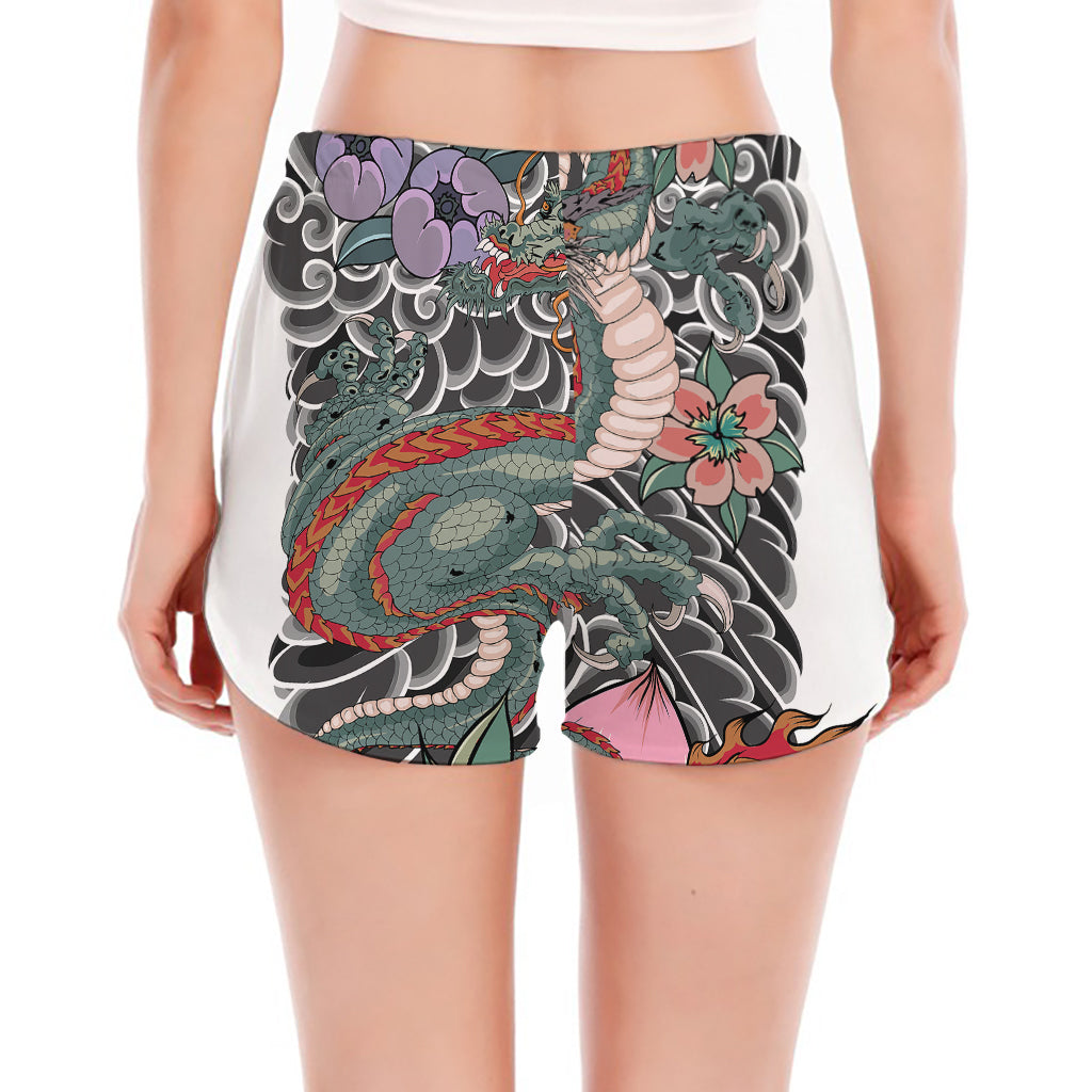 Green Japanese Dragon Tattoo Print Women's Split Running Shorts