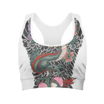 Green Japanese Dragon Tattoo Print Women's Sports Bra