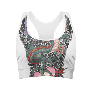 Green Japanese Dragon Tattoo Print Women's Sports Bra