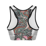 Green Japanese Dragon Tattoo Print Women's Sports Bra