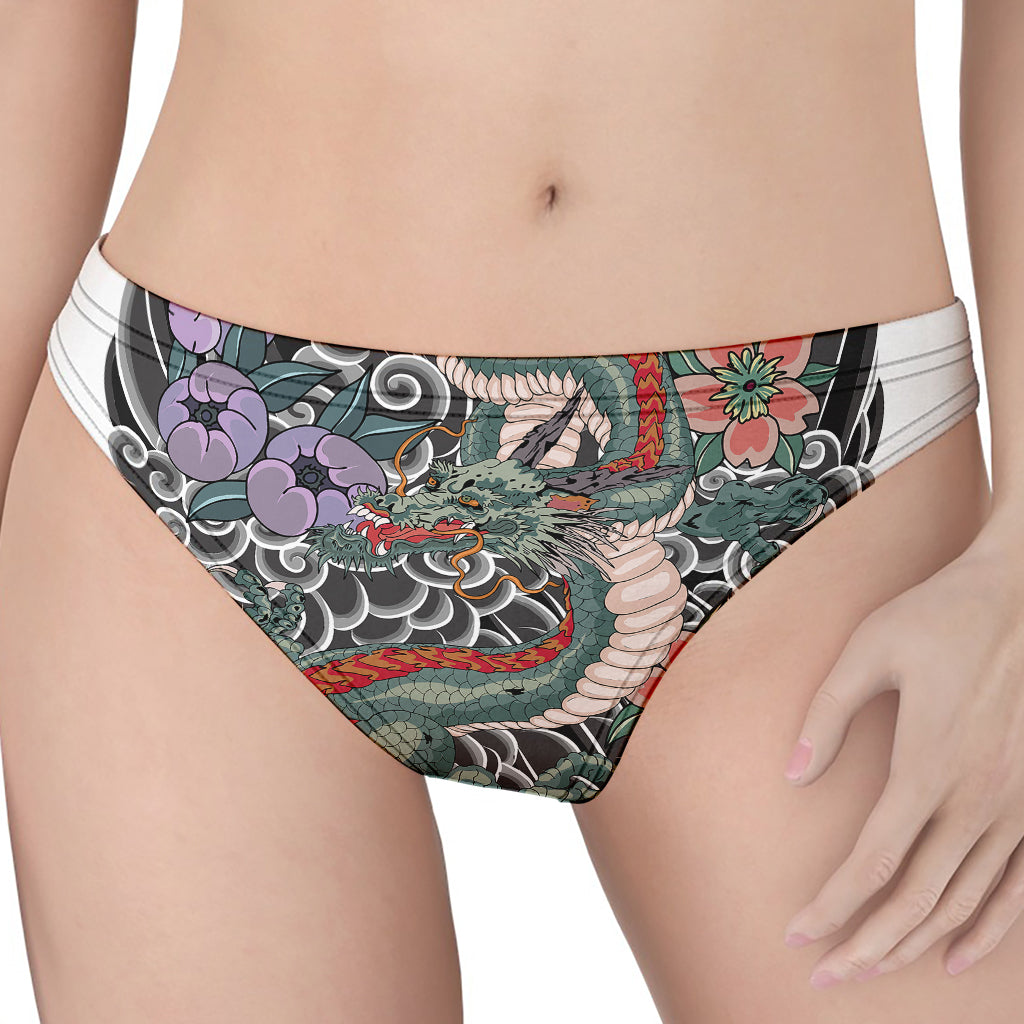 Green Japanese Dragon Tattoo Print Women's Thong