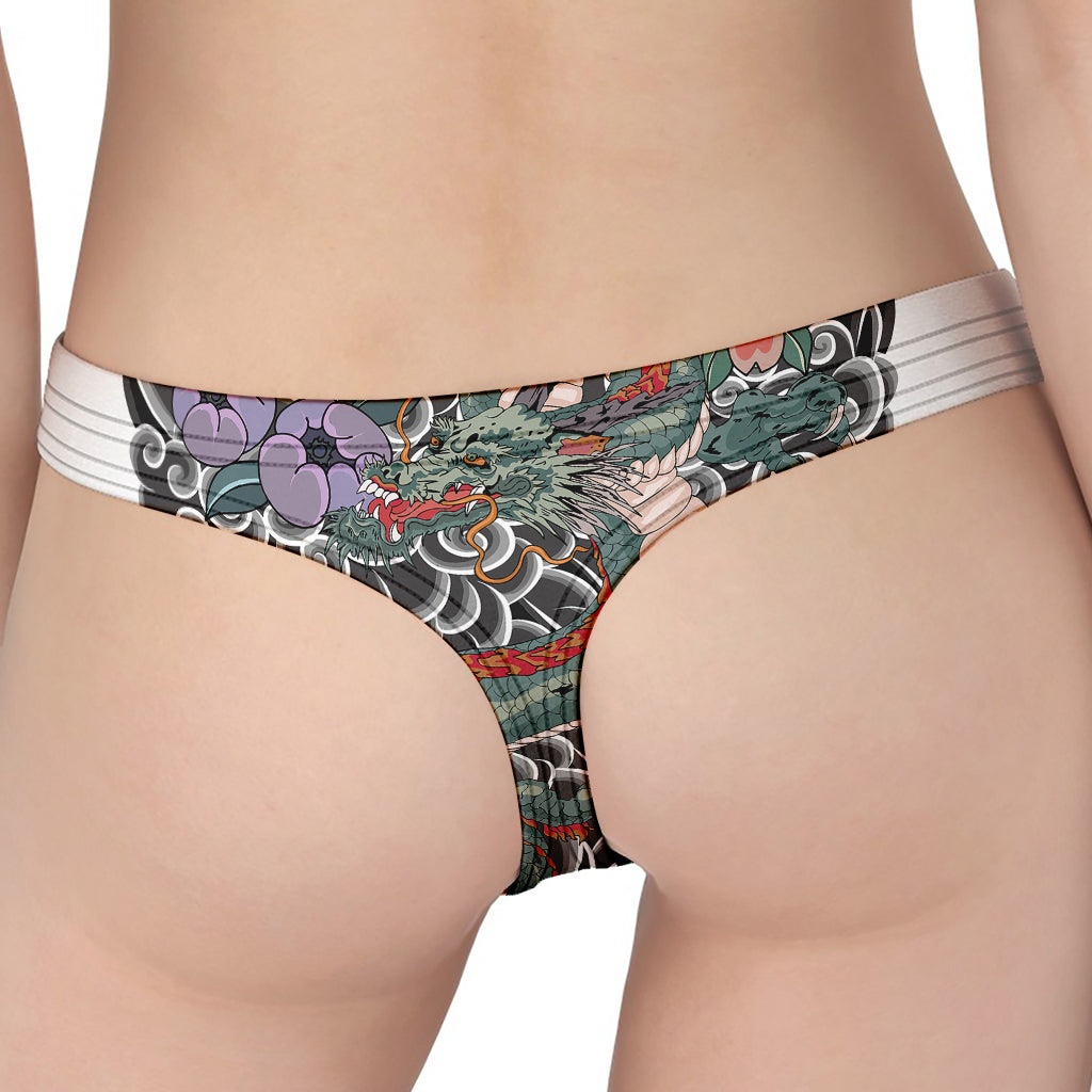 Green Japanese Dragon Tattoo Print Women's Thong