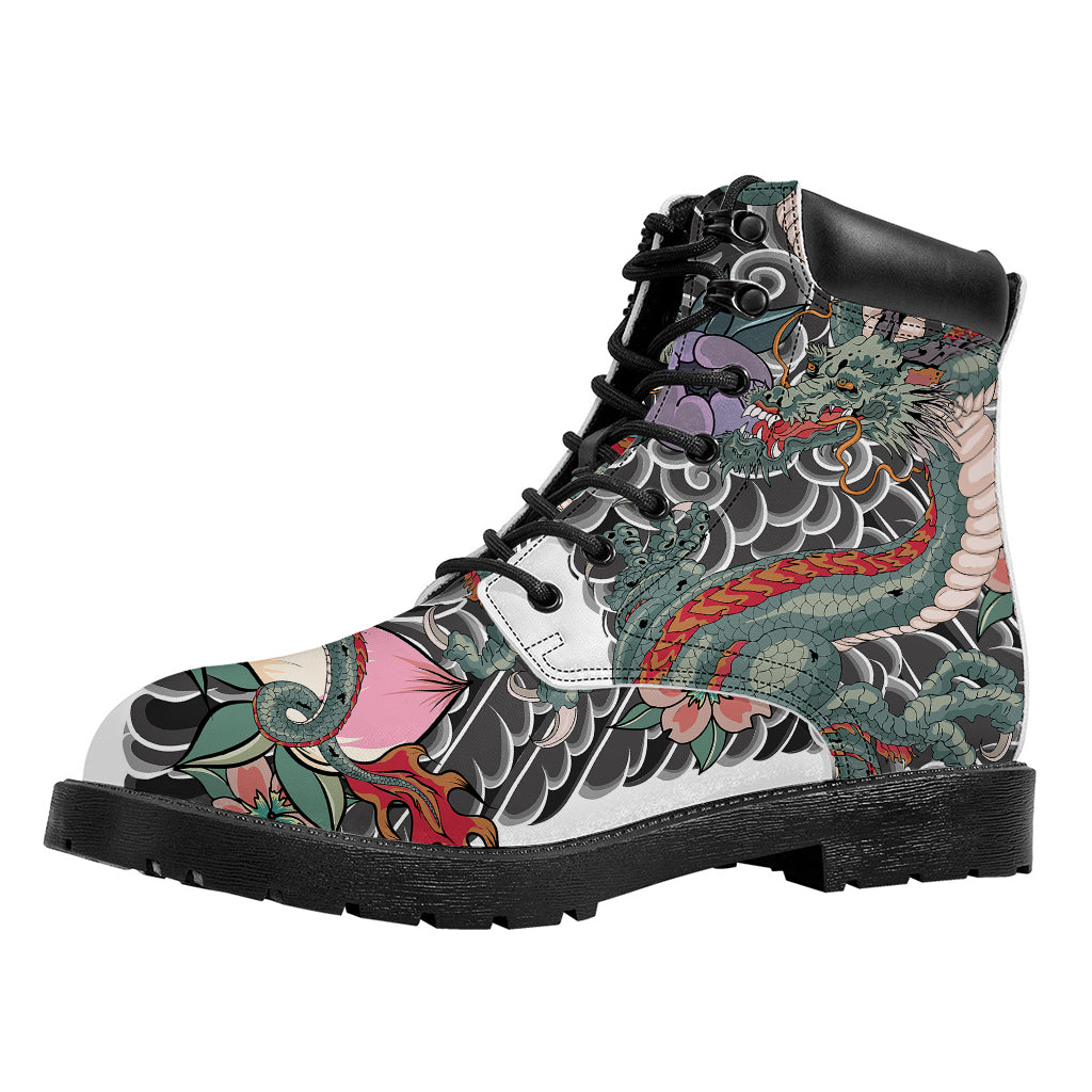 Green Japanese Dragon Tattoo Print Work Boots