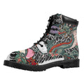 Green Japanese Dragon Tattoo Print Padded Collar Lace Up Boots