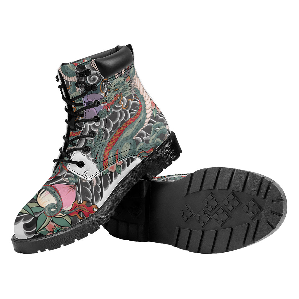 Green Japanese Dragon Tattoo Print Work Boots