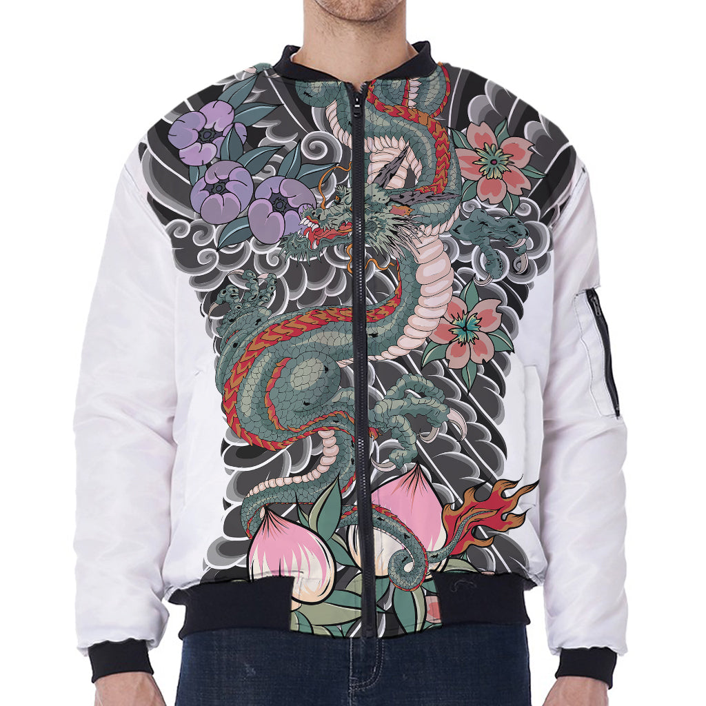 Green Japanese Dragon Tattoo Print Zip Sleeve Bomber Jacket