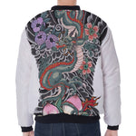 Green Japanese Dragon Tattoo Print Zip Sleeve Bomber Jacket