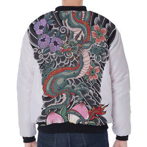 Green Japanese Dragon Tattoo Print Zip Sleeve Bomber Jacket