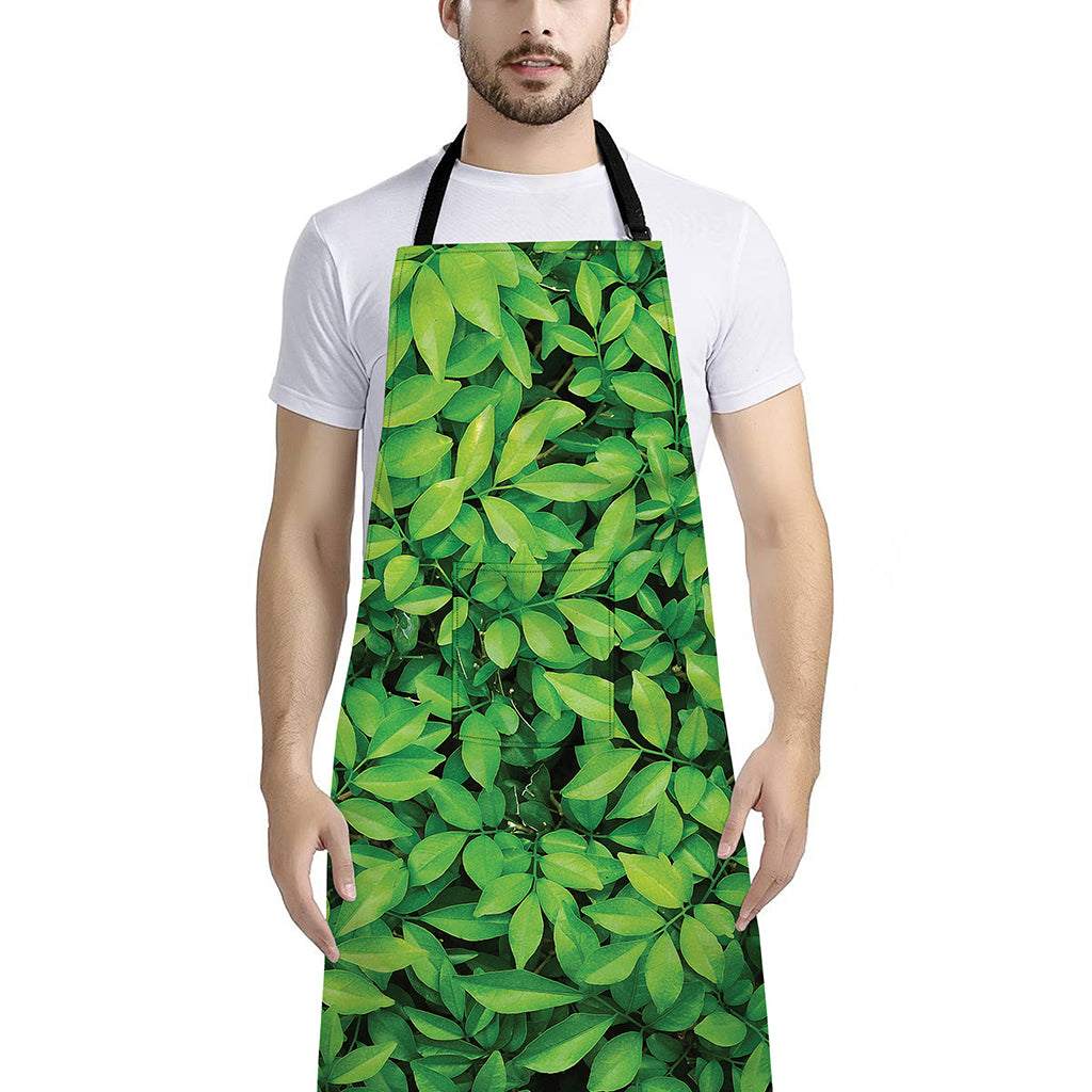 Green Leaf Print Bib Apron With Pocket