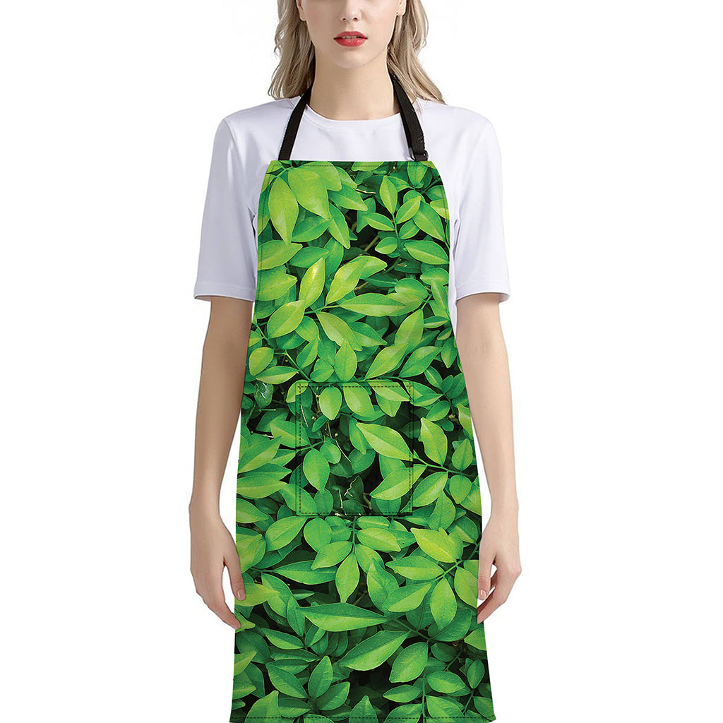 Green Leaf Print Bib Apron With Pocket