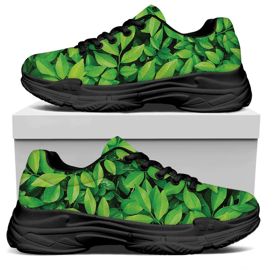 Green Leaf Print Black Chunky Shoes