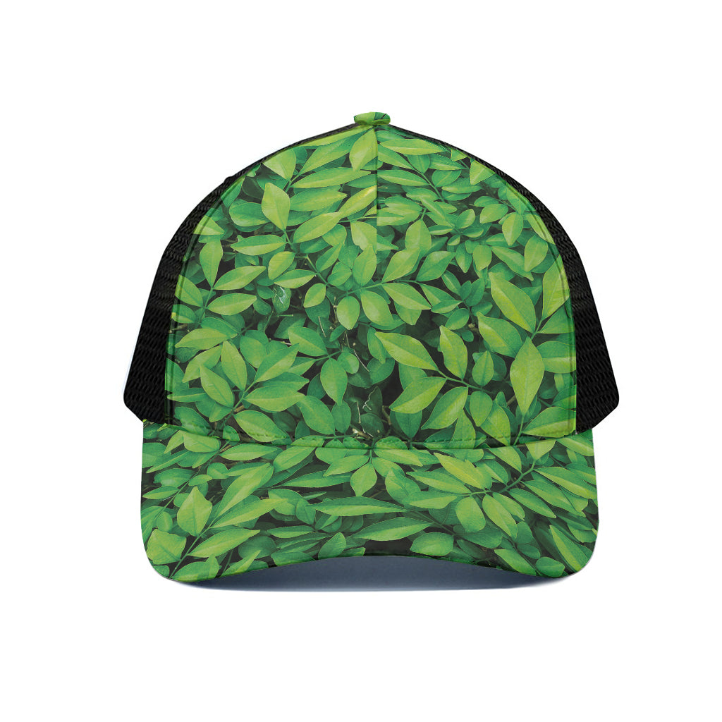 Green Leaf Print Black Mesh Trucker Cap