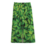 Green Leaf Print Cotton Front Slit Maxi Skirt