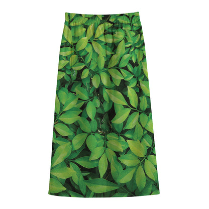 Green Leaf Print Cotton Front Slit Maxi Skirt