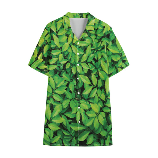 Green Leaf Print Cotton Hawaiian Shirt