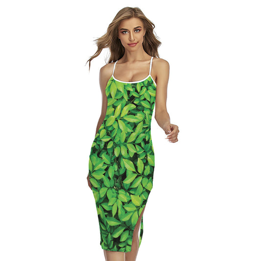 Green Leaf Print Cross Back Cami Dress