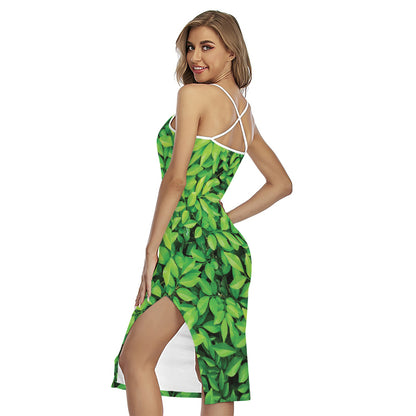 Green Leaf Print Cross Back Cami Dress