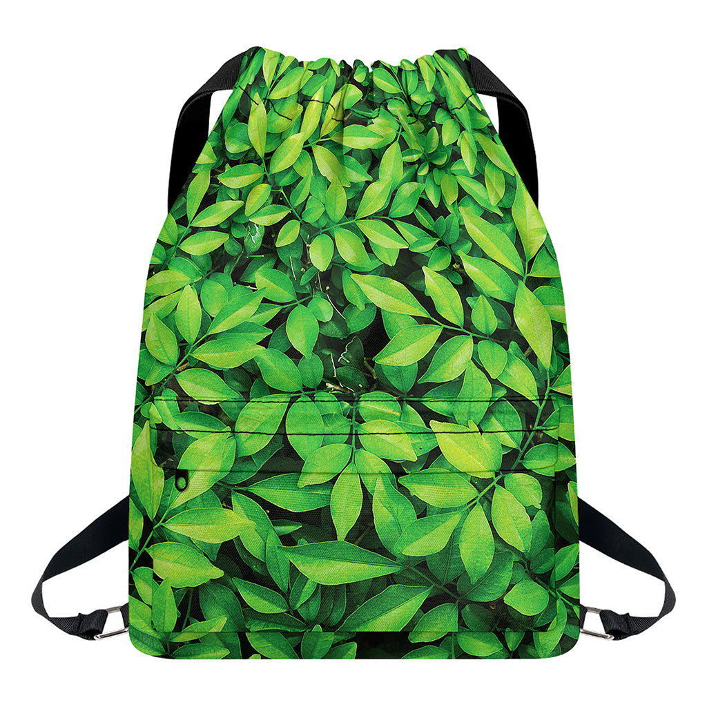 Green Leaf Print Drawstring Backpack