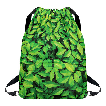 Green Leaf Print Drawstring Backpack
