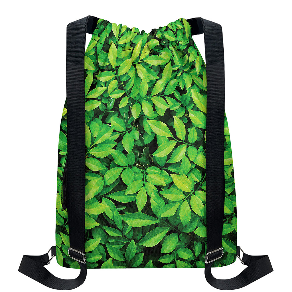 Green Leaf Print Drawstring Backpack