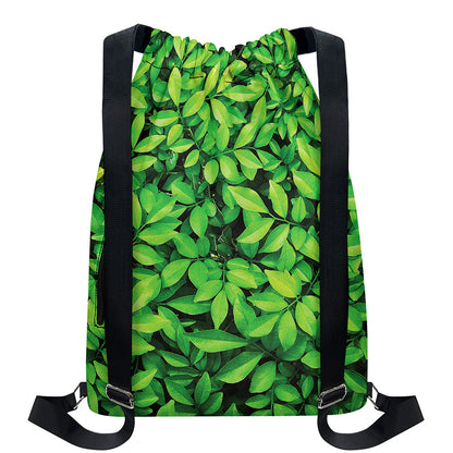 Green Leaf Print Drawstring Backpack