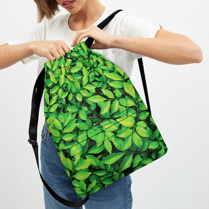 Green Leaf Print Drawstring Backpack