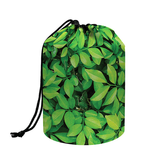 Green Leaf Print Drawstring Makeup Bag