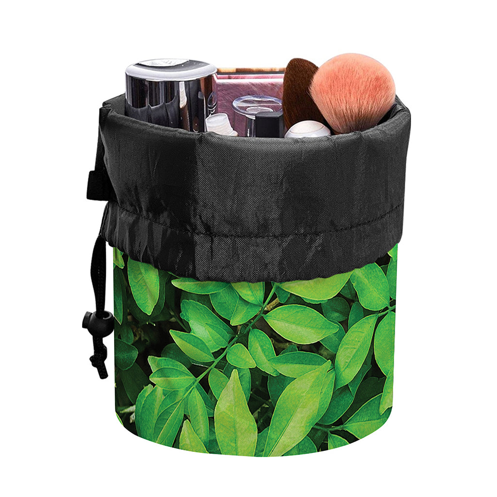 Green Leaf Print Drawstring Makeup Bag