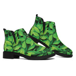 Green Leaf Print Flat Ankle Boots