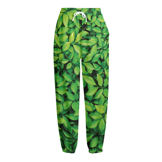 Green Leaf Print Fleece Lined Knit Pants