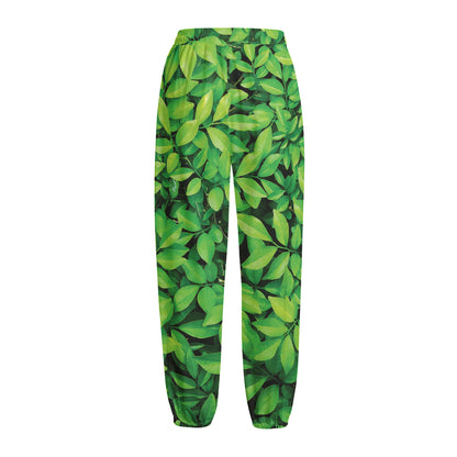 Green Leaf Print Fleece Lined Knit Pants