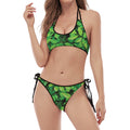 Green Leaf Print Halter Scoop Tie Side Bikini