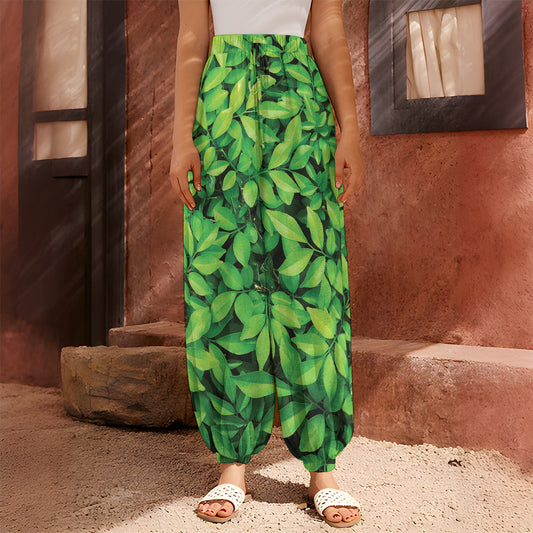 Green Leaf Print Harem Pants