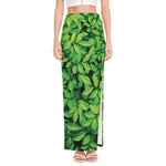 Green Leaf Print High Slit Maxi Skirt