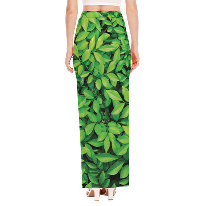 Green Leaf Print High Slit Maxi Skirt