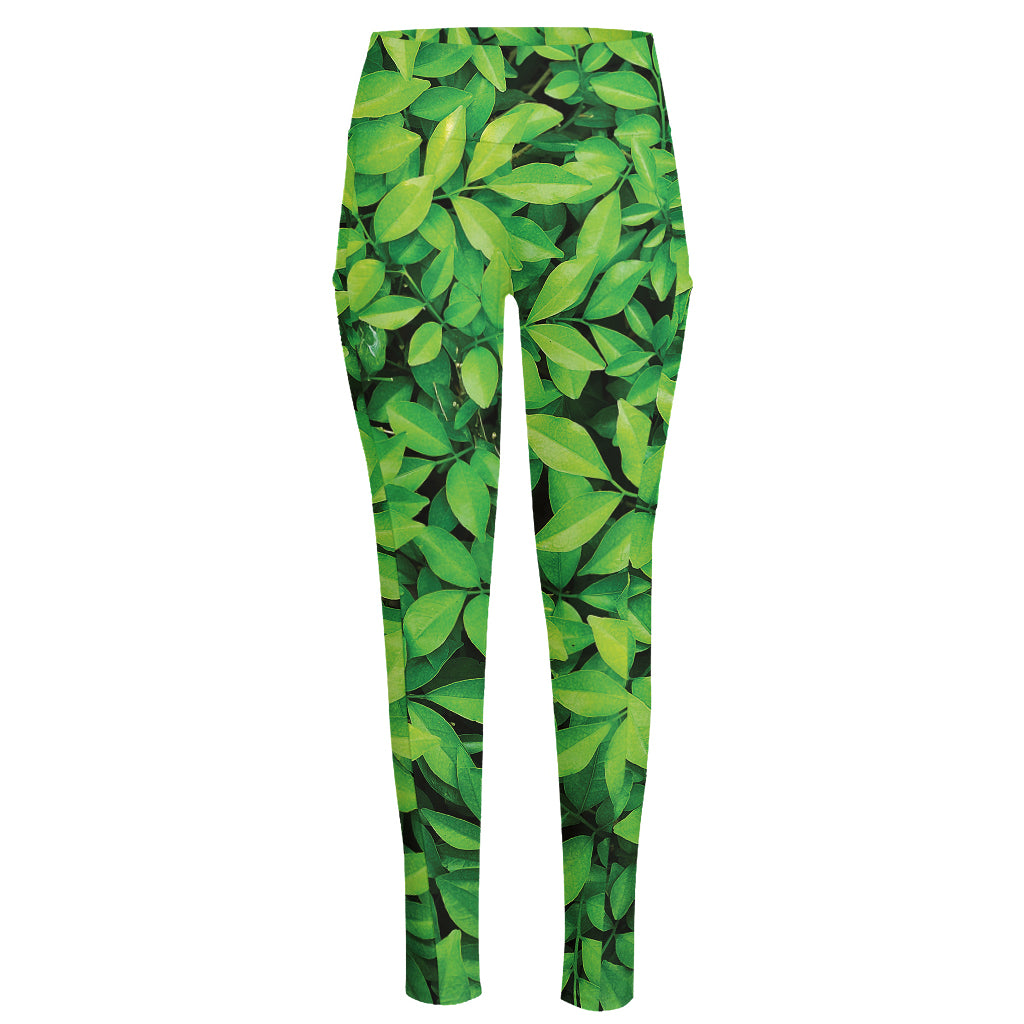 Green Leaf Print High-Waisted Pocket Leggings