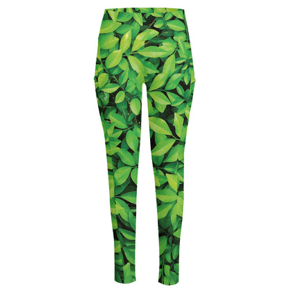 Green Leaf Print High-Waisted Pocket Leggings