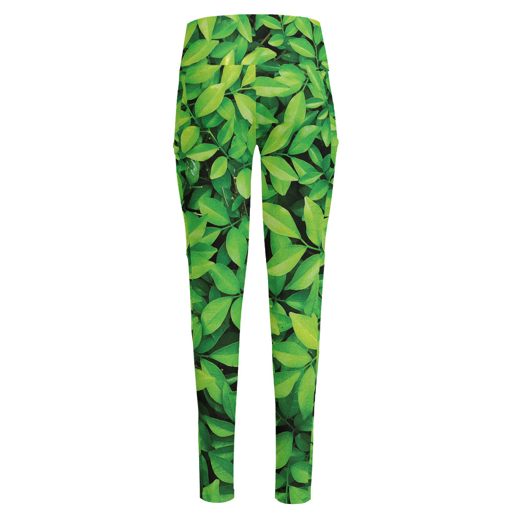 Green Leaf Print High-Waisted Pocket Leggings