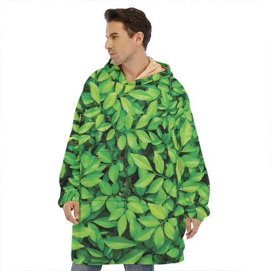 Green Leaf Print Hoodie Blanket