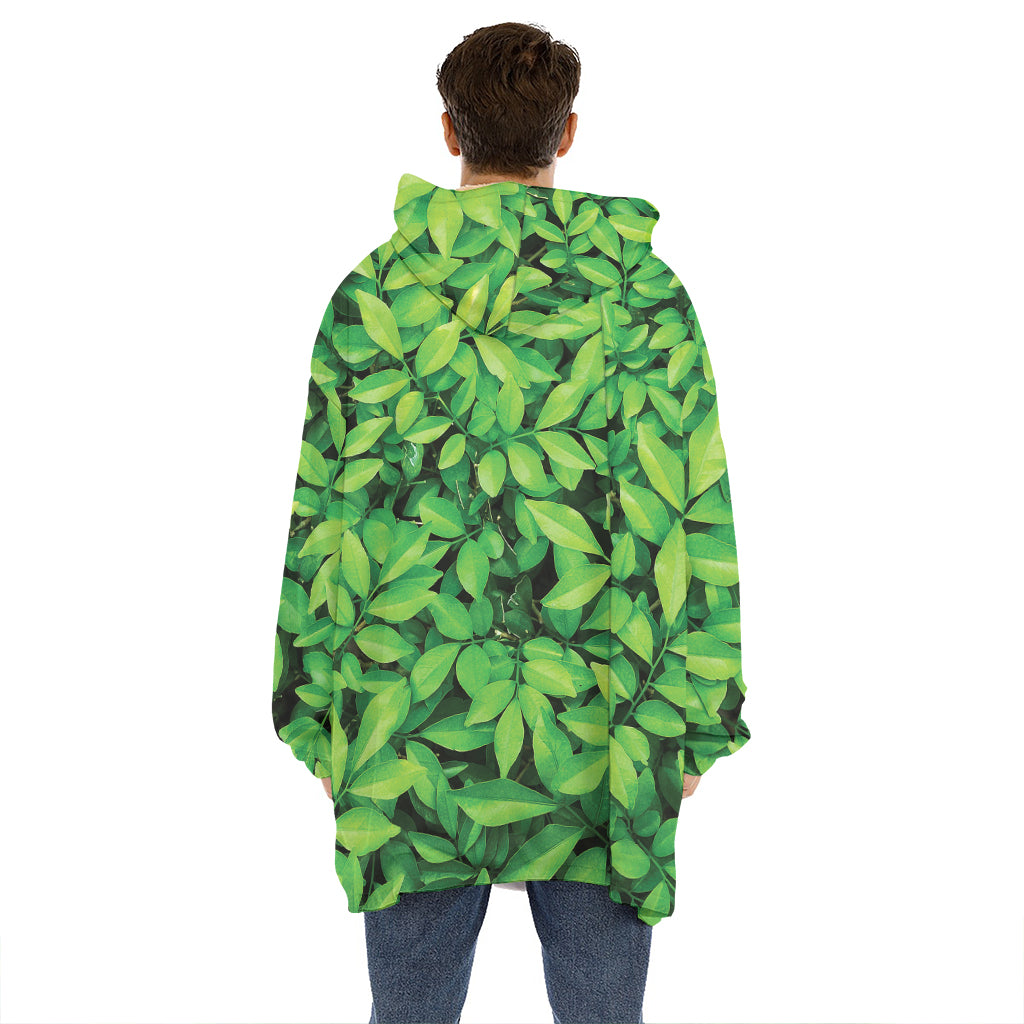 Green Leaf Print Hoodie Blanket