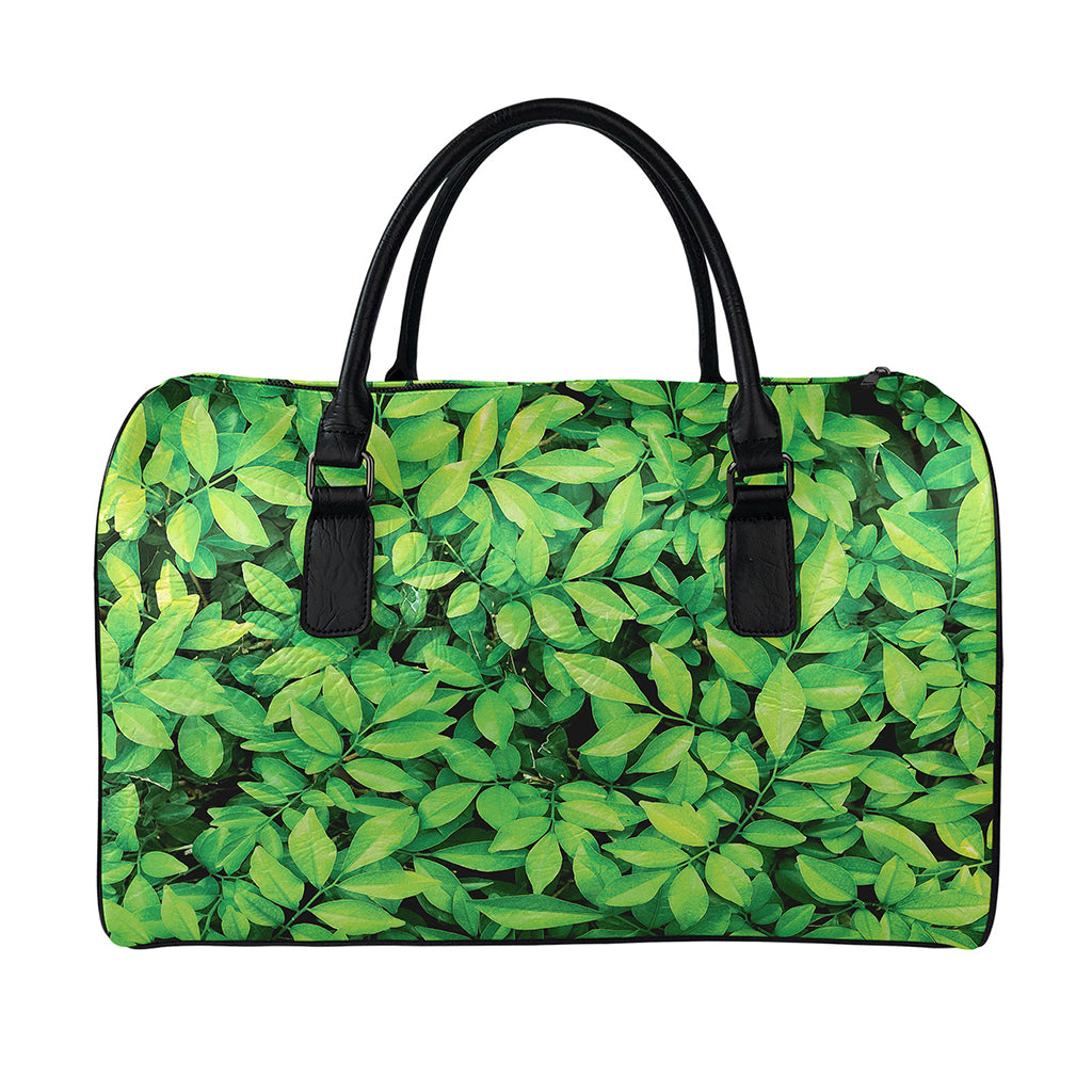 Green Leaf Print Leather Duffle Bag