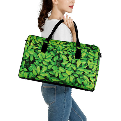 Green Leaf Print Leather Duffle Bag