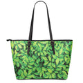 Green Leaf Print Leather Tote Bag With Zipper