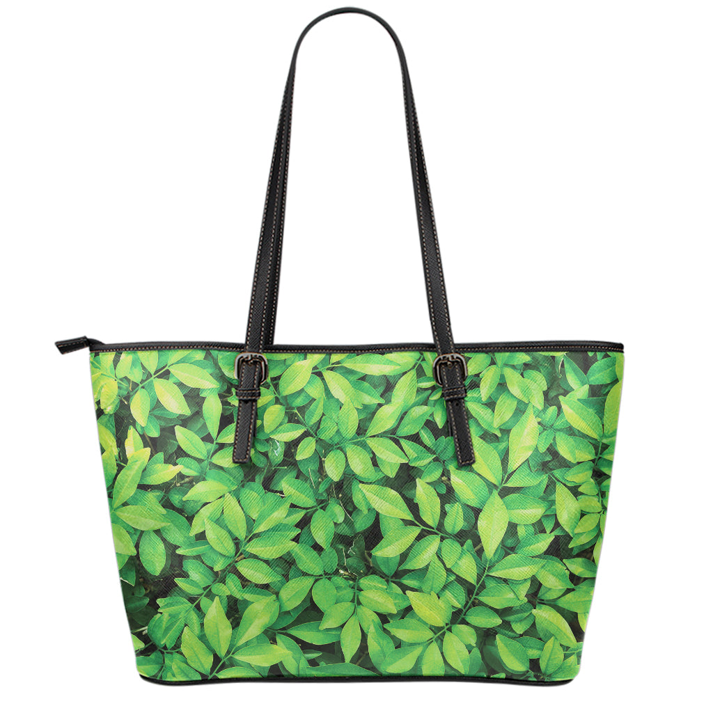 Green Leaf Print Leather Tote Bag