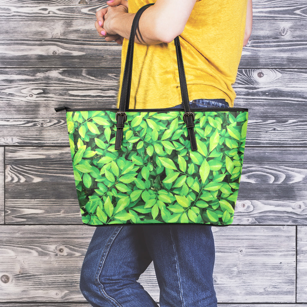 Green Leaf Print Leather Tote Bag