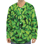 Green Leaf Print Long Sleeve Baseball Jersey