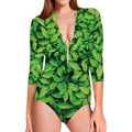 Green Leaf Print Long Sleeve Swimsuit