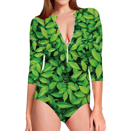 Green Leaf Print Long Sleeve Swimsuit