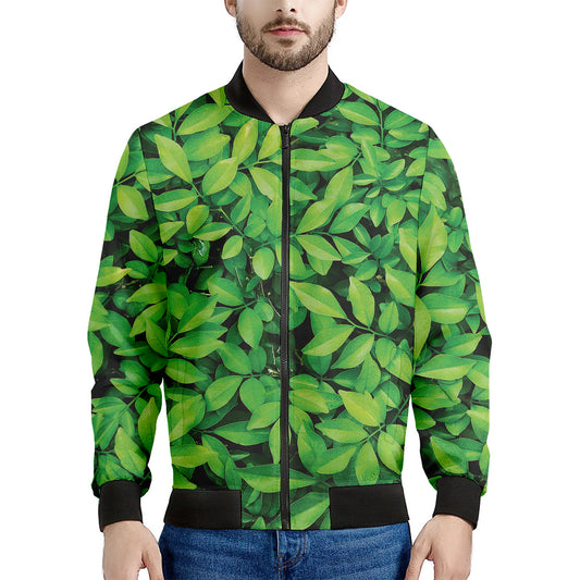 Green Leaf Print Men's Bomber Jacket