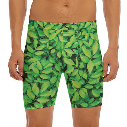 Green Leaf Print Men's Long Boxer Briefs